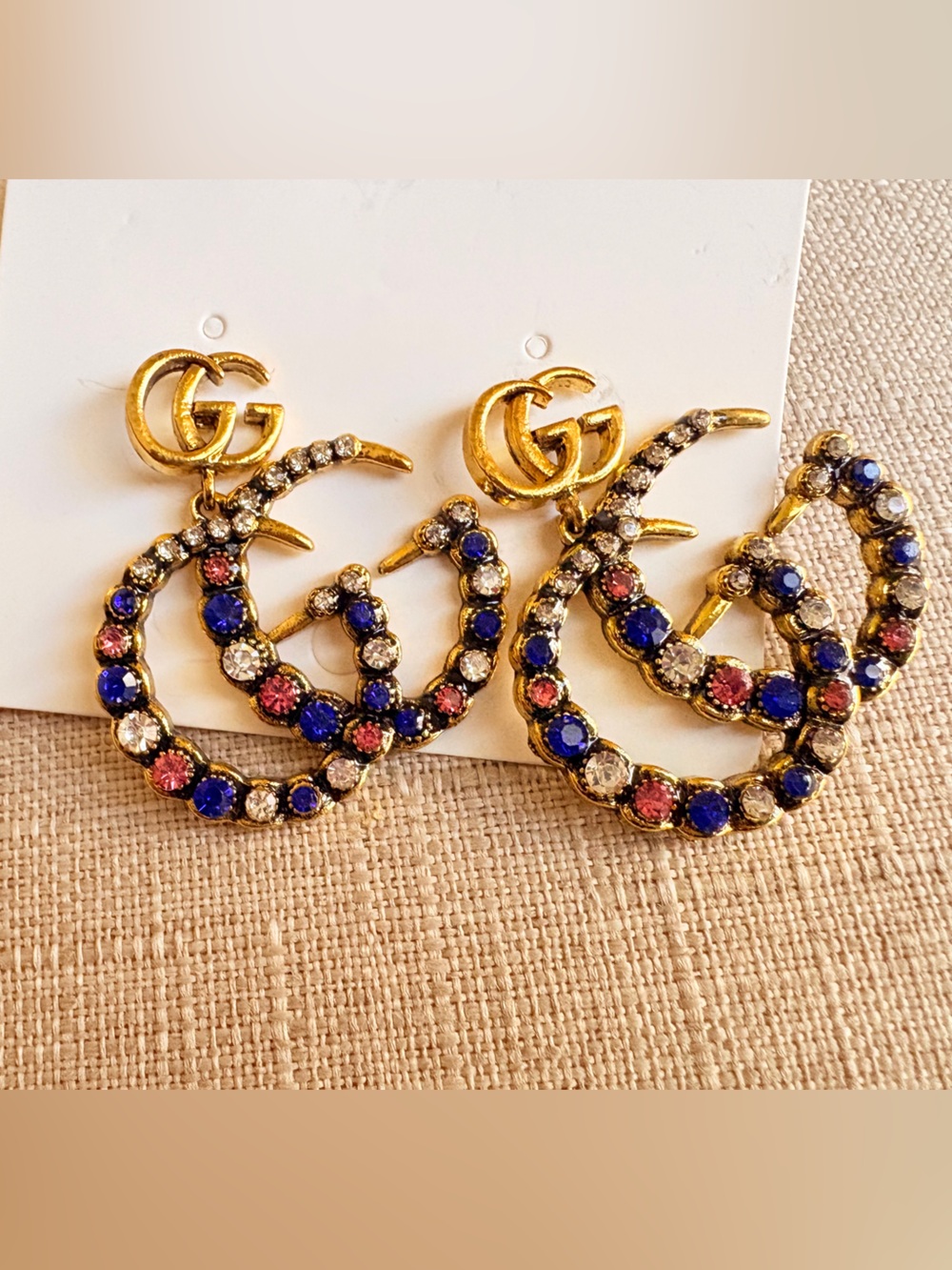 Gucci Gold Double G Hoop Earrings with Blue, Pink & Clear Crystals - Picture 3 of 4